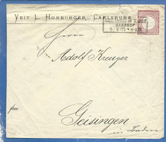 Briefumschlag - Veit. L. Homburger Geschäftsbriefumschlag vom Bankhaus Veit. L. Homburger, - versandt am 9. März 1874