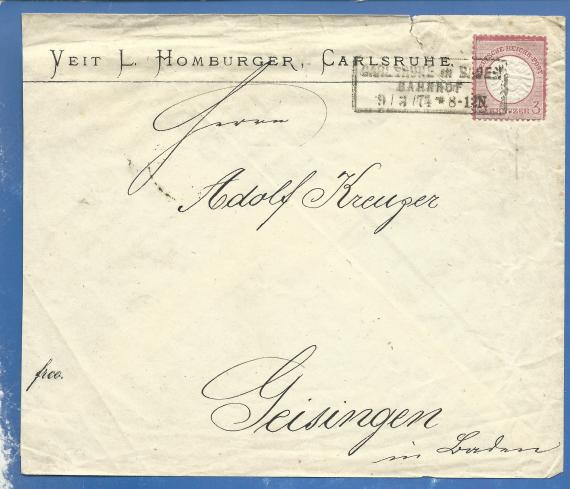 Business envelope from Bankhaus Veit. L. Homburger, - mailed March 9, 1874