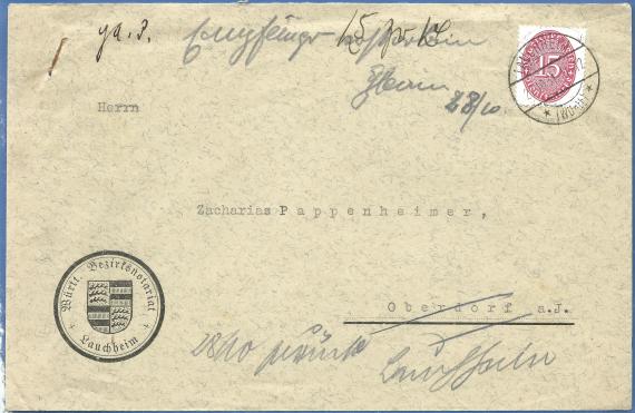 Briefumschlag - Zacharias Pappenheimer Briefumschlag adressiert an Herrn Zacharias Pappenheimer, - versandt am 27. Oktober 1931