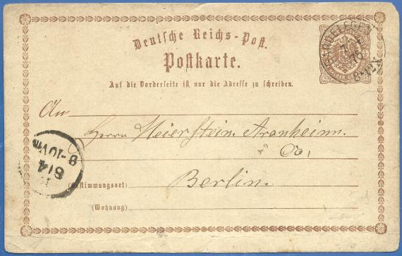 Postkarte geschäftlicher Art an Herrn Meyerstein,Aronheim & Co, - versandt am 7. April 1875