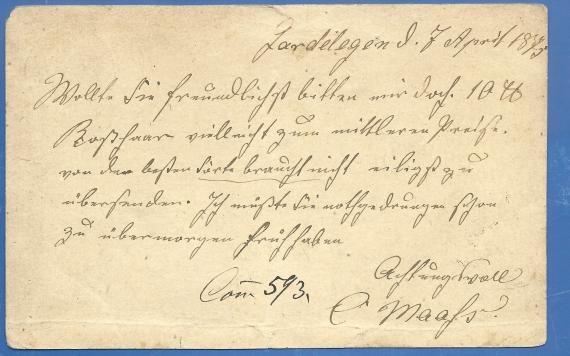 Postcard of a business nature to Mr. Meyerstein,Aronheim & Co, - mailed April 7, 1875 - back of card