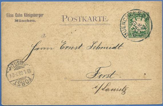 Geschäftspostkarte von Elias Cohn Königsberger- München, - versandt am 18. Januar 1900  