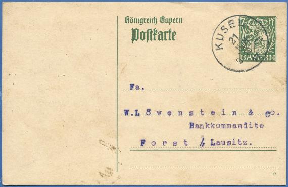 Postkarte geschäftlicher Art an Fa. W. Löwenstein & Co. Bankkommandite - versandt am 21. Juni 1917