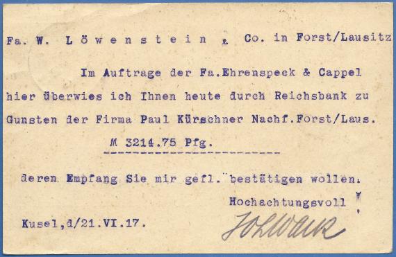 Postkarte geschäftlicher Art an Fa. W. Löwenstein & Co. Bankkommandite - versandt am 21. Juni 1917 - Kartenrückseite