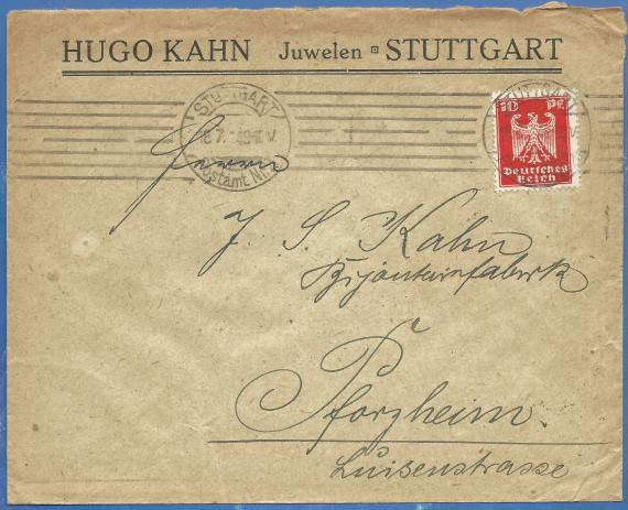 Business envelope addressed to Mr. J. S. Kahn, Bijouteriefabrik in Pforzheim, Luisenstrasse - mailed July 18, 1924