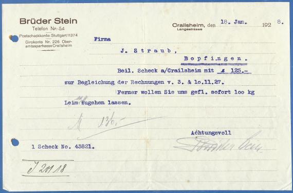 Geschäftsschreiben - Brüder Stein Geschäftsschreiben der Brüder Stein, - geschrieben am 18. Januar 1928