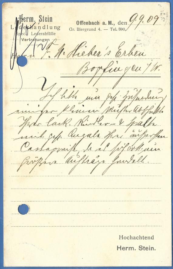Postkarte - Hermann Stein Geschäftspostkarte der Lederhandlung Hermann Stein, - versandt am 9. September 1909 - Kartenrückseite