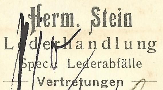 Geschäftspostkarte der Lederhandlung Hermann Stein, - versandt am 9. September 1909  -  Ausschnittvergrößerung Firmenadresse