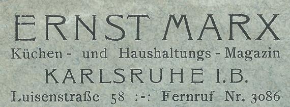 Briefumschlag - Ernst Marx Geschäfts-Briefumschlag von Ernst Marx, Küchen- und Haushaltungs-Magazin, Karlsruhe, - versandt am 14. Juni 1924 - Ausschnittvergößerung Firmenadresse