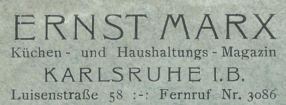 Geschäfts-Briefumschlag von Ernst Marx, Küchen- und Haushaltungs-Magazin, Karlsruhe, - versandt am 14. Juni 1924 - Ausschnittvergößerung Firmenadresse