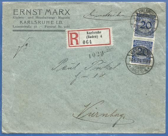 Briefumschlag - Ernst Marx Geschäfts-Briefumschlag von Ernst Marx, Küchen- und Haushaltungs-Magazin, Karlsruhe, - versandt am 14. Juni 1924