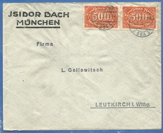 Briefumschlag - L. Gollowitsch Envelope to company L. Gollowitsch, Leutkirch - sent on August 23, 1923