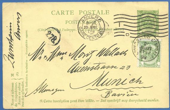 Postkarte privater Art an Herrn und Frau Moritz Wallach - versandt am 20. Juni 1909 von Anvers in Belgien 