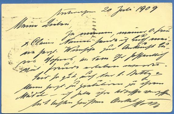 Postkarte privater Art an Herrn und Frau Moritz Wallach - versandt am 20. Juni 1909 von Anvers in Belgien - Kartenrückseite