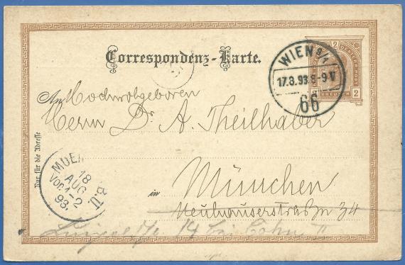 Postkarte aus Wien an Hochwohlgeboren Herrn Dr. A. Theilhaber in München - versandt am 17. August 1893