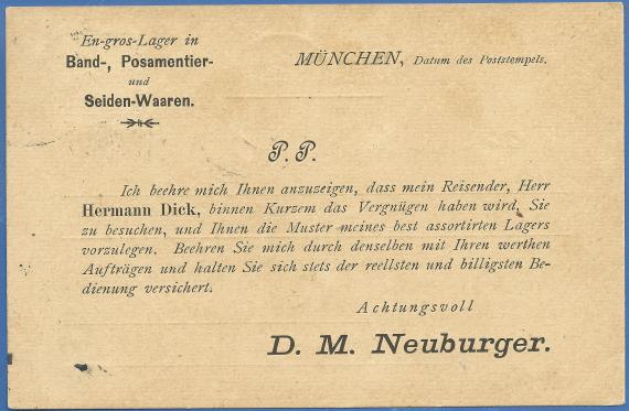 Postkarte geschäftlicher Art von D. M. Neuburger, versandt am 19. Januar 1890 - Kartenrückseite