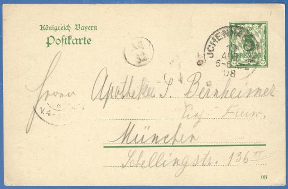 Postkarte privater Art an Herrn Apotheker S. Bernheimer, versandt am 13. April 1908