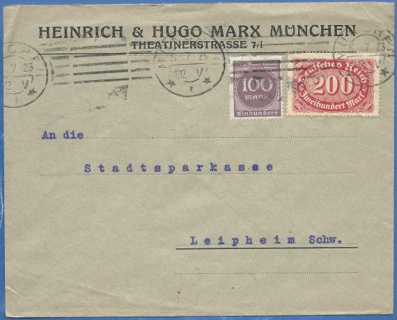 Briefumschlag von Heinrich & Hugo Marx, München, Theatinerstraße 7/1 - versandt am 5. Juli 1923