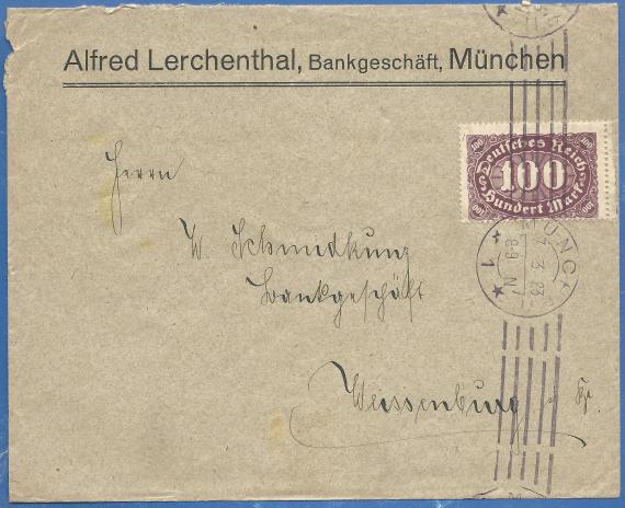 Briefumschlag vom Bankgeschäft Alfred Lerchenthal, München - versandt am 7. März 1923