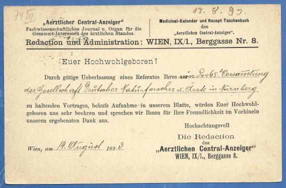 Postcard from Vienna to Hochwohlgeboren Dr. A. Theilhaber in Munich - mailed on August 17, 1893 - back of card