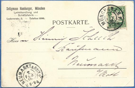 Business postcard of the Seligmann Hamburger leather shop and shoe factory in Munich - mailed February 6, 1906