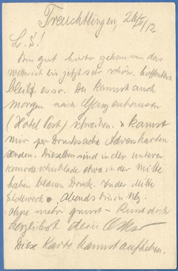 Private postcard to Mrs. Hanna Bodenheimer in Munich, - mailed February 26, 1912 - back of card