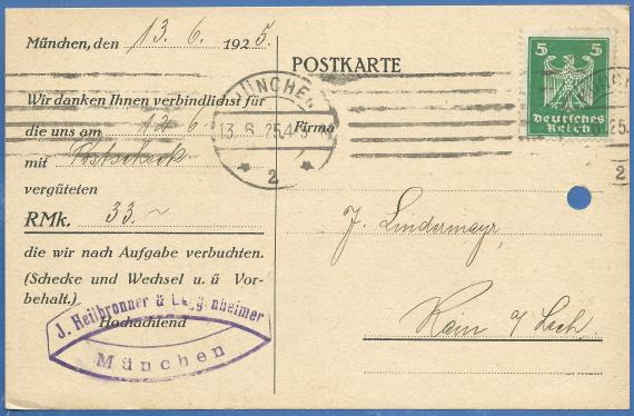 Briefumschlag - J. Heilbronner & Guggenheimer Geschäftsbriefumschlag von J. Heilbronner & Guggenheimer, München, - versandt am 27. Juli 1921 an Herrn Hugo Heumann, Göppingen - Ausschnittvergrößerung Firmenname