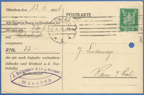 Geschäftsbriefumschlag von J. Heilbronner & Guggenheimer, München, - versandt am 27. Juli 1921 an Herrn Hugo Heumann, Göppingen  -  Ausschnittvergrößerung Firmenname