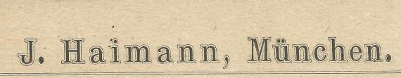 Postcard of a business nature from J. Haimann, Munich, - mailed April 18, 1888 - detail enlargement of company name