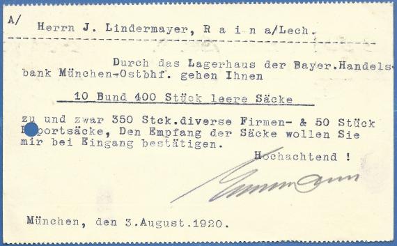 Postkarte geschäftlicher Art von Ernst Strauss, Getreide - Futterartikel, München - versandt am 3. August 1920 - Kartenrückseite