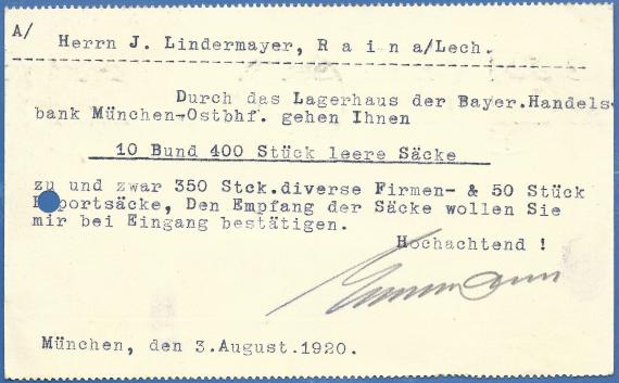 Postkarte geschäftlicher Art von Ernst Strauss, Getreide - Futterartikel, München - versandt am 3. August 1920  -  Kartenrückseite