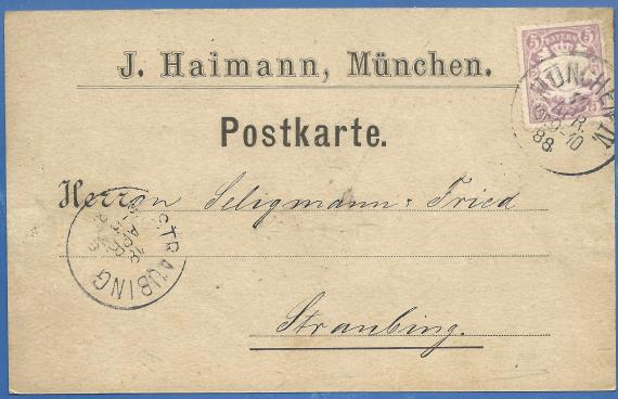 Postkarte geschäftlicher Art von J. Haimann, München, - versandt am 18. April 1888  