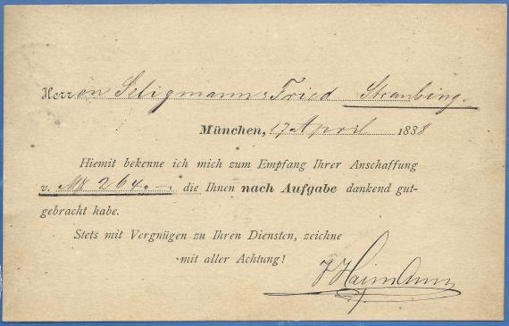 Postkarte - J. Haimann Postkarte geschäftlicher Art von J. Haimann, München, - versandt am 18. April 1888 - Kartenrückseite