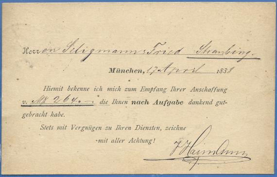 Postcard of a business nature from J. Haimann, Munich, - mailed April 18, 1888 - back of card