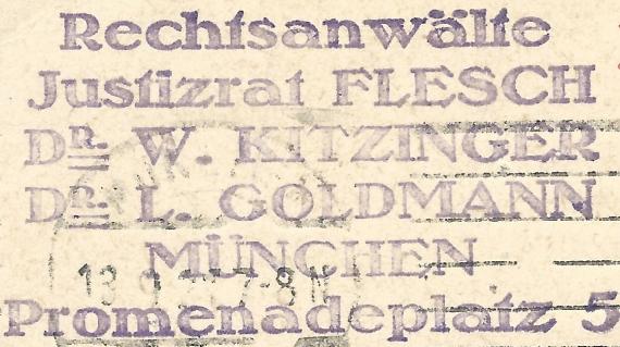 Postkarte geschäftlicher Art der Rechtsanwälte Justizrat Flesch, Dr. W. Kitzinger, Dr. L. Goldbaum, - versandt am 13. September 1921  - Ausschnittvergrößerung Firmenadresse