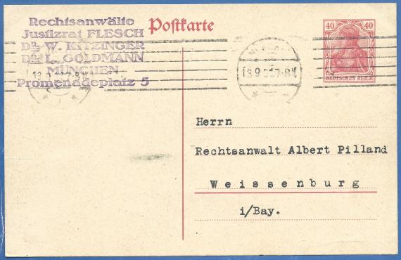 Postkarte geschäftlicher Art der Rechtsanwälte Justizrat Flesch, Dr. W. Kitzinger, Dr. L. Goldbaum, - versandt am 13. September 1921  