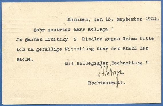 Postkarte geschäftlicher Art der Rechtsanwälte Justizrat Flesch, Dr. W. Kitzinger, Dr. L. Goldbaum, - versandt am 13. September 1921  -  Kartenrückseite