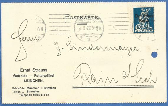 Postkarte geschäftlicher Art von Ernst Strauss, Getreide - Futterartikel, München - versandt am 3. August 1920