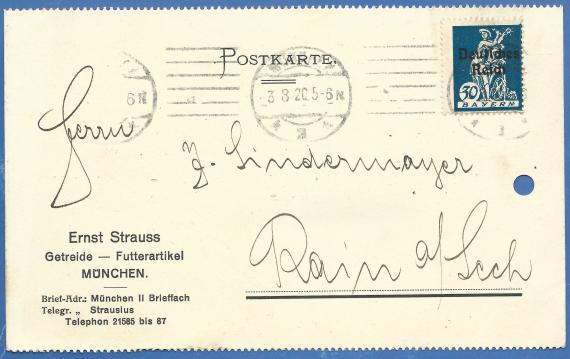 Postkarte geschäftlicher Art von Ernst Strauss, Getreide - Futterartikel, München - versandt am 3. August 1920  