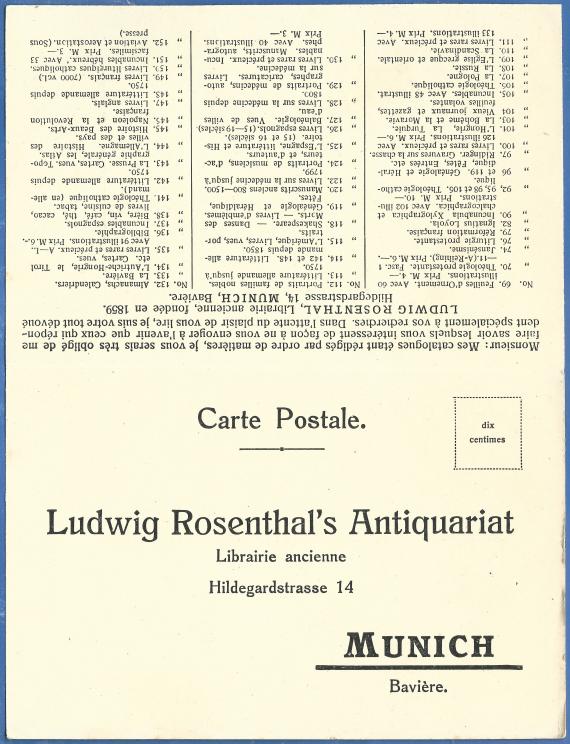 Postkarte vom Antiquariat Ludwig Rosenthal - versandt nach Frankreich am 19. Juli 1913 - Karteninnenseite aufgeklappt