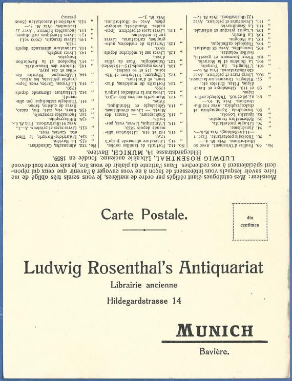 Postkarte vom Antiquariat Ludwig Rosenthal - versandt nach Frankreich am 19. Juli 1913  -  Karteninnenseite aufgeklappt