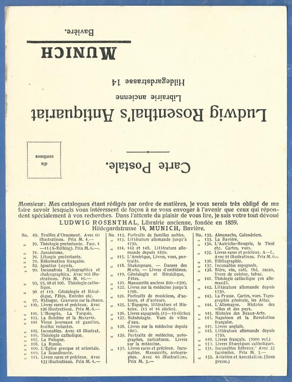 Postkarte vom Antiquariat Ludwig Rosenthal - versandt nach Frankreich am 19. Juli 1913  -  Karteninnenseite aufgeklappt