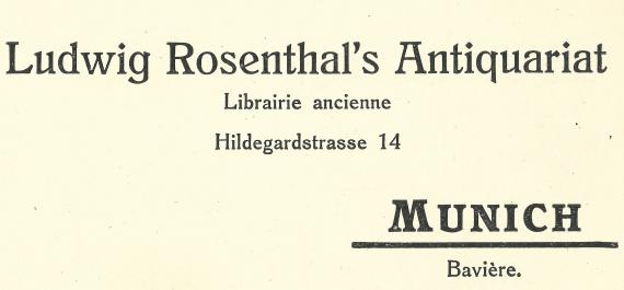 Postkarte vom Antiquariat Ludwig Rosenthal - versandt nach Frankreich am 19. Juli 1913 - Ausschnittvergrößerung Firmenadresse