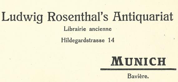 Postkarte vom Antiquariat Ludwig Rosenthal - versandt nach Frankreich am 19. Juli 1913  -  Ausschnittvergrößerung Firmenadresse