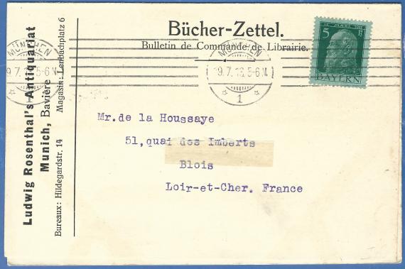 Postkarte vom Antiquariat Ludwig Rosenthal - versandt nach Frankreich am 19. Juli 1913