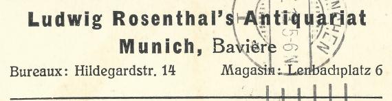 Postcard from the antiquarian bookshop Ludwig Rosenthal - sent to France on July 19, 1913 - detail enlargement company address - office / magazine