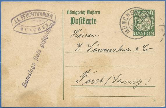 Postkarte geschäftlicher Art vom Bankhaus J. L. Feuchtwanger - versandt am 1. Februar 1918