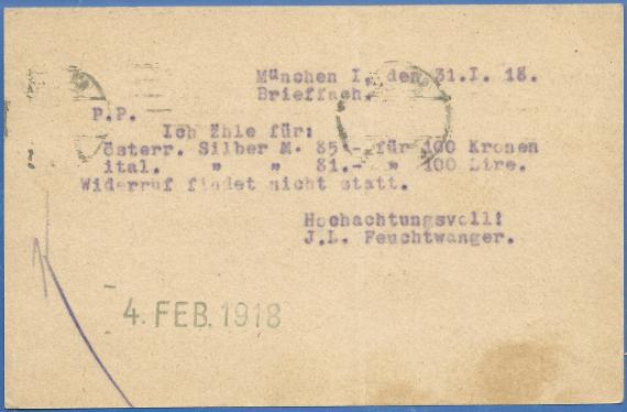 Postkarte geschäftlicher Art vom Bankhaus J. L. Feuchtwanger - versandt am 1. Februar 1918 - Kartenrückseite