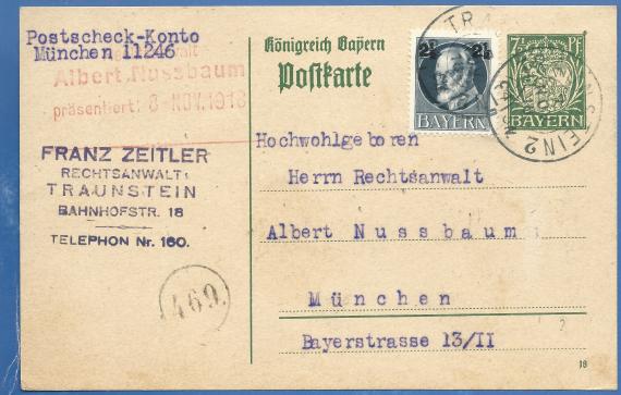 Postkarte geschäftlicher Art an Hochwohlgeboren Herrn Rechtsanwalt Albert Nussbaum - versandt am 7. November 1918