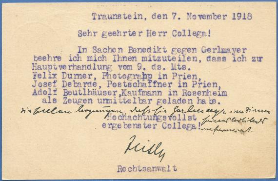 Postkarte geschäftlicher Art an Hochwohlgeboren Herrn Rechtsanwalt Albert Nussbaum - versandt am 7. November 1918 - Kartenrückseite